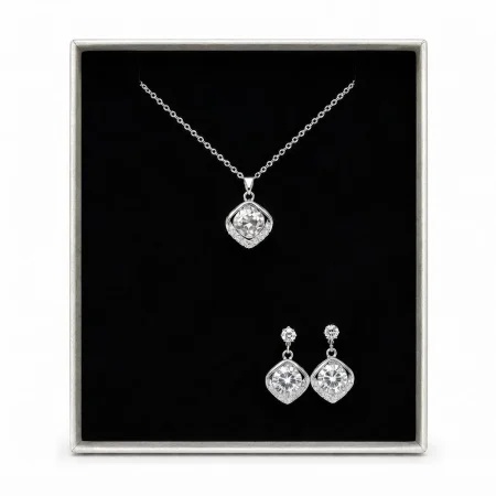 Reducere 44% – Set bijuterii Elysia, colier cu pandantiv si cercei geometrici cu cristale transparente, in cutie cadou, Argintiu 2 colier cu pandantiv si cercei geometrici cu cristale transparente