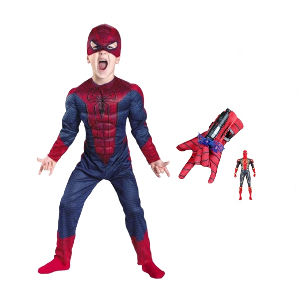 Reducere 46% – Set costum Spiderman cu muschi si manusa cu ventuze si figurina, DEPOX , marime M, 5-7 ani, rosu 1 Set costum Spiderman cu muschi si manusa cu ventuze si figurina