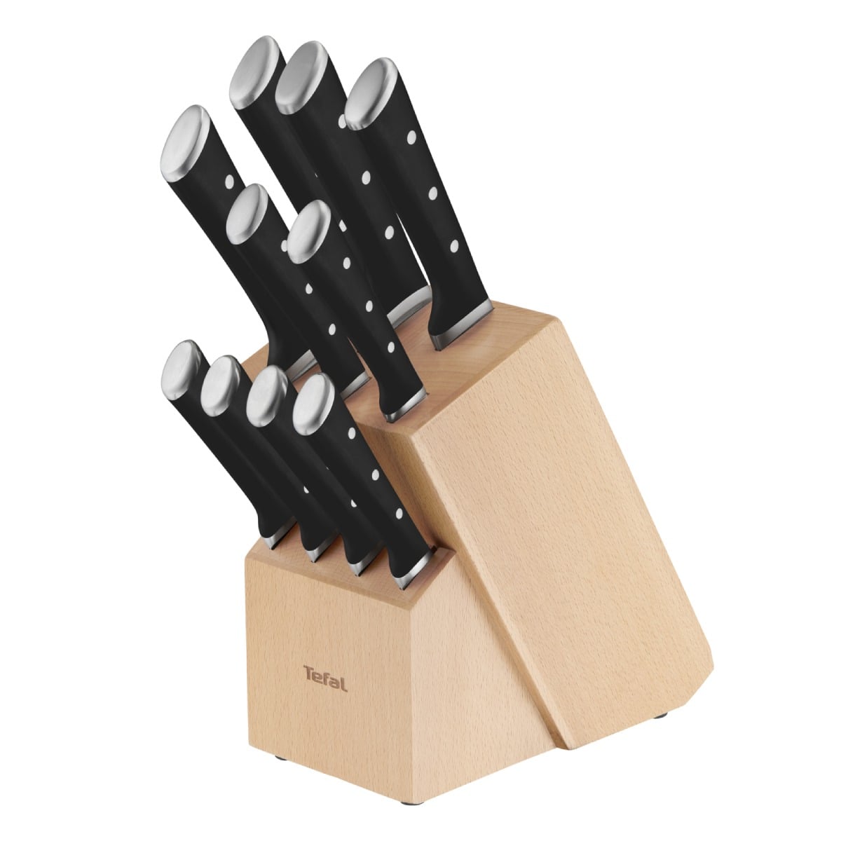 Reducere 44% – Set de 10 cutite suport Tefal Ice Force K232SA14, inox german, tehnologie Ice Hardening -120 C, lame ultra-ascutite, suport din lemn, negru argin 1 Set de 10 cutite suport Tefal Ice Force K232SA14