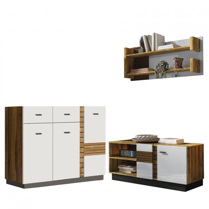 Reducere 57% – Set Living VAL GARDENA, 3 corpuri, comoda VG12, comoda VG4, etajera, VG9, corp PAL nuc, fronturi MDF late lucios 1 Set Living VAL GARDENA