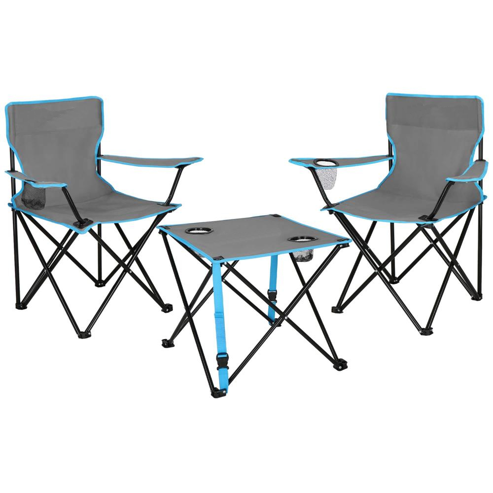 Reducere 20% – Set masa pliabila 2 scaune buzunare bauturi husa transport, 47x47x45 cm, camping, gri 1 Set masa pliabila 2 scaune buzunare bauturi husa transport