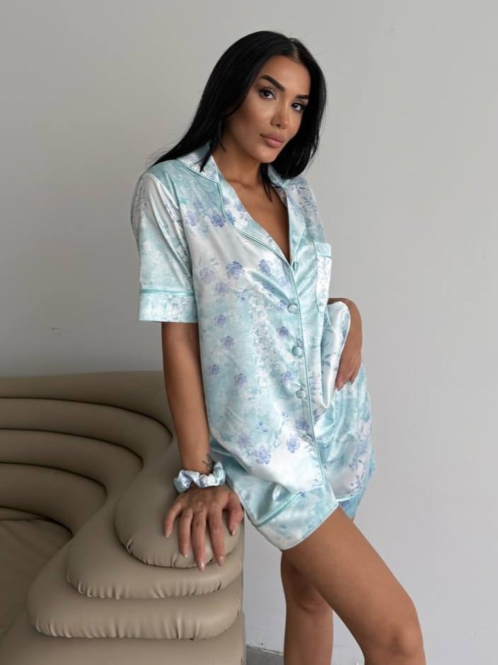 Reducere 56% – Set pijama dama din doua piese, cu nasturi – 2500096, Fresh Mint Garden 1 Set pijama dama din doua piese