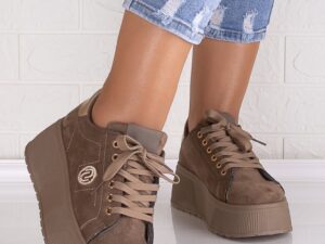 Sneakers dama cu platforma Khaki din Piele Ecologica Intoarsa Masega