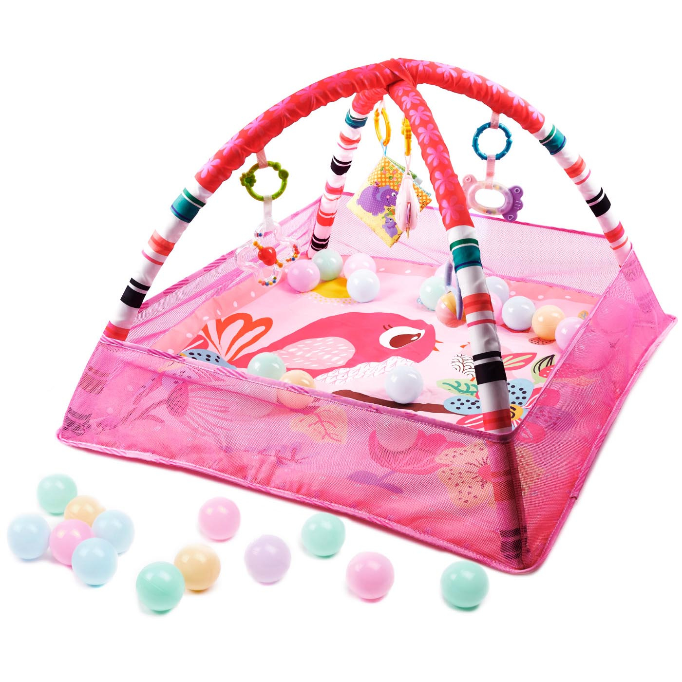 Reducere 20% – Tarc joaca bebelusi 76x76x50 cm jucarii mingi arcade interactive, plasa laterala, roz 1 Tarc joaca bebelusi 76x76x50 cm jucarii mingi arcade interactive