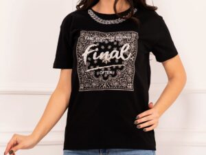 Tricou chic negru Top Final cu strassuri si lant decorativ
