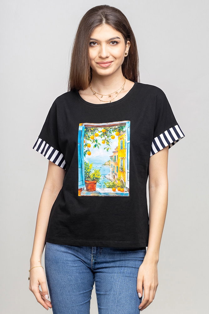 Reducere 18% – Bluza cu panou aplicat - peisaj italian cu lamai, din bumbac negru cu dungi 1 Bluza cu panou aplicat - peisaj italian cu lamai