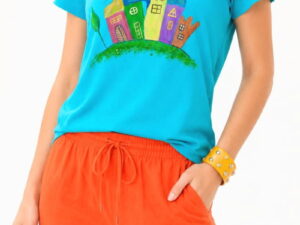 Tricou din bumbac turcoaz  pictat manual