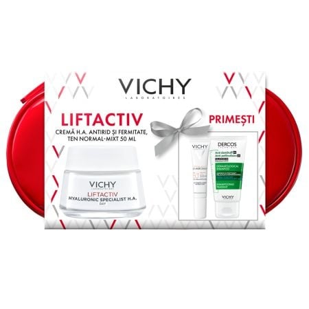 Reducere 15% – Trusă VICHY Crema zi Liftactiv Hyaluronic Specialist H.A, 50ml + Fluid SPF50+ Capital Soleil, 15ml + Sampon anti-matreata Dercos, 50ml 1 Trusă VICHY Crema zi Liftactiv Hyaluronic Specialist H.A