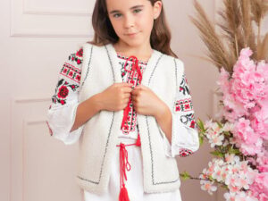 Vesta traditionala de fetite ecru tip blanita Eva