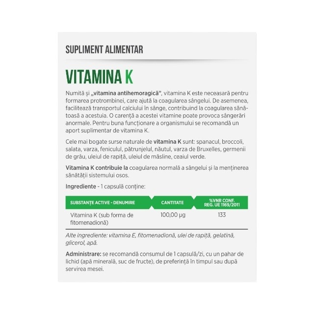 Reducere 15% – Vitamina K 100 µg, fitomenadionă, contribuie la coagularea normală a sângelui, susține sănătatea oaselor, 30 capsule, Parapharm 2 fitomenadionă