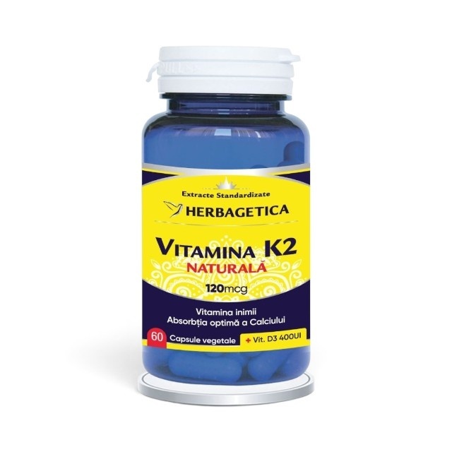 Reducere 15% – Vitamina K2 Naturală, supliment alimentar destinat susținerii sănătății oaselor, dinților și echilibrului calciului în organism, 60 capsule vegetale, Herbagetica 1 Vitamina K2 Naturală