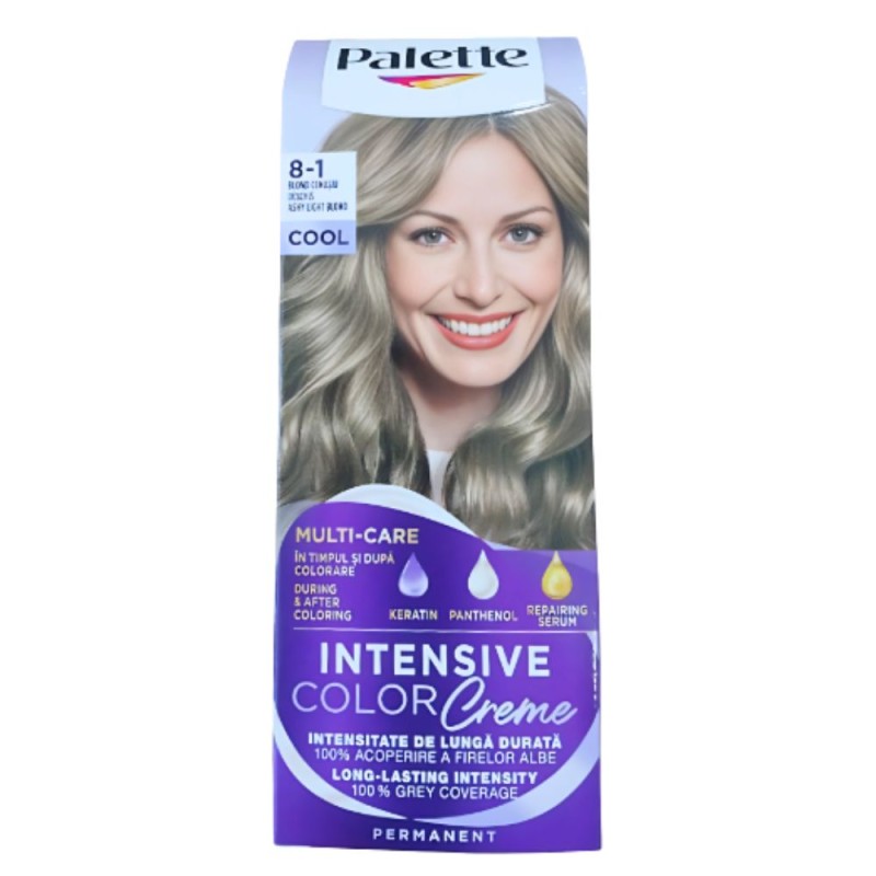 Reducere 20% – Vopsea de Par Permanenta Palette Intensive Color Creme 8-1 Blond Cenusiu Deschis, 110 ml 1 Vopsea de Par Permanenta Palette Intensive Color Creme 8-1 Blond Cenusiu Deschis